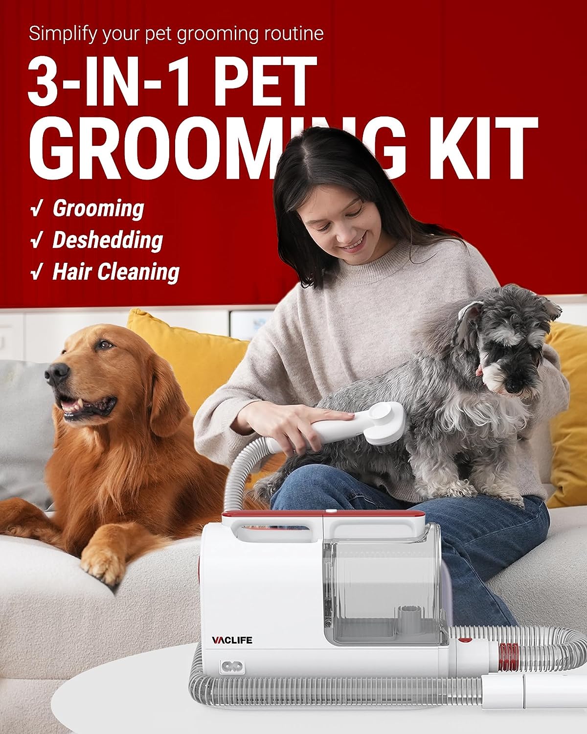 VacLife Pet Hair Vacuum For Shedding Grooming With Dog Clipper - Multipurpose Dog Grooming Kit With Brushes And Other Grooming Tools For Dogs And Cats - Low-Noise - White And Red